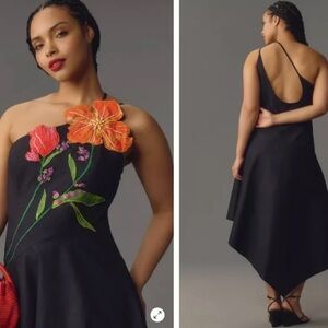 Anthropologie Black Dress with Orange Floral Design